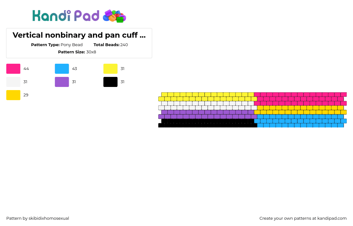 Vertical nonbinary and pan cuff (LGBTQ+) requested by: heartstopper3724 - Pony Bead Pattern by skibidixhomosexual on Kandi Pad - nonbinary,pansexual,pride,community,colorful,cuff,pink,yellow,purple,light blue