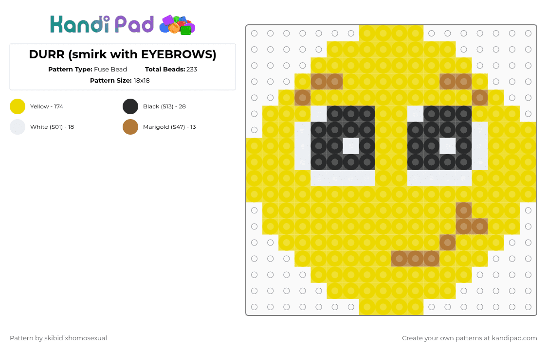 DURR (smirk with EYEBROWS) - Fuse Bead Pattern by skibidixhomosexual on Kandi Pad - yellow,durr,dur,durt,emoji,stupid,silly,smirk