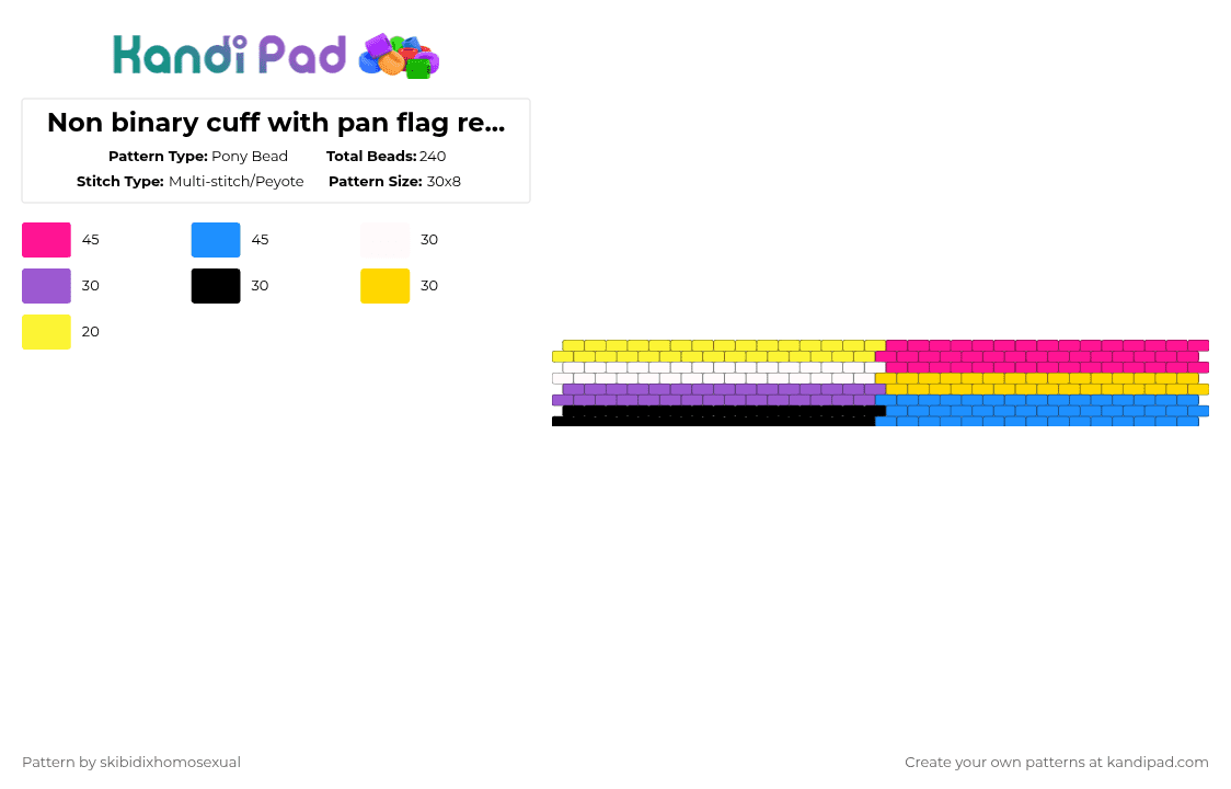 Non binary cuff with pan flag requested by: sillybilly1 - Pony Bead Pattern by skibidixhomosexual on Kandi Pad - nonbinary,non binary,pan,lgbtqia,lgbtq,pride,flags,cuff