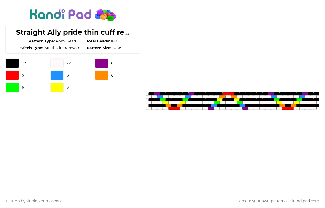 Straight Ally pride thin cuff requested by: browniebass227 - Pony Bead Pattern by skibidixhomosexual on Kandi Pad - white,red,orange,yellow,colorful,pride,straight ally,lgbtq,lgbtqia,ally,straight,cuff,rainbow