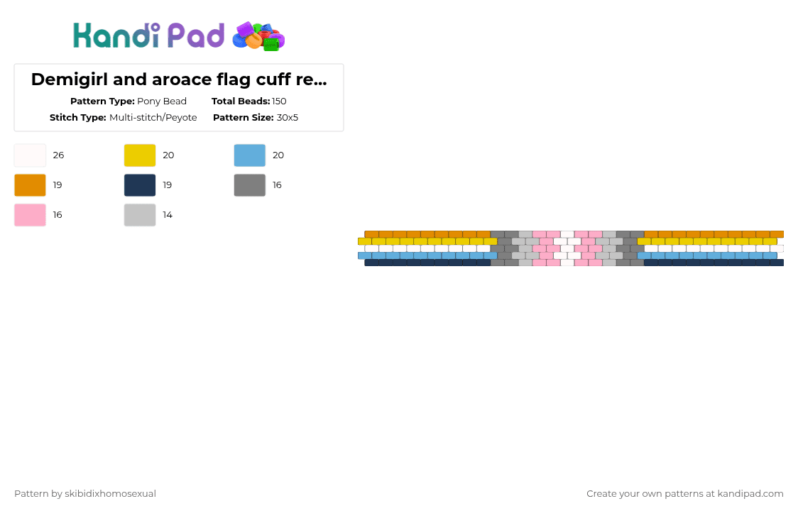 Demigirl and aroace flag cuff requested by: hello-sigmas11 - Pony Bead Pattern by skibidixhomosexual on Kandi Pad - gray,yellow,blue,colorful,aroace,demi,demigirl,lgbtq,lgbtqia,lgbt,pride,queer