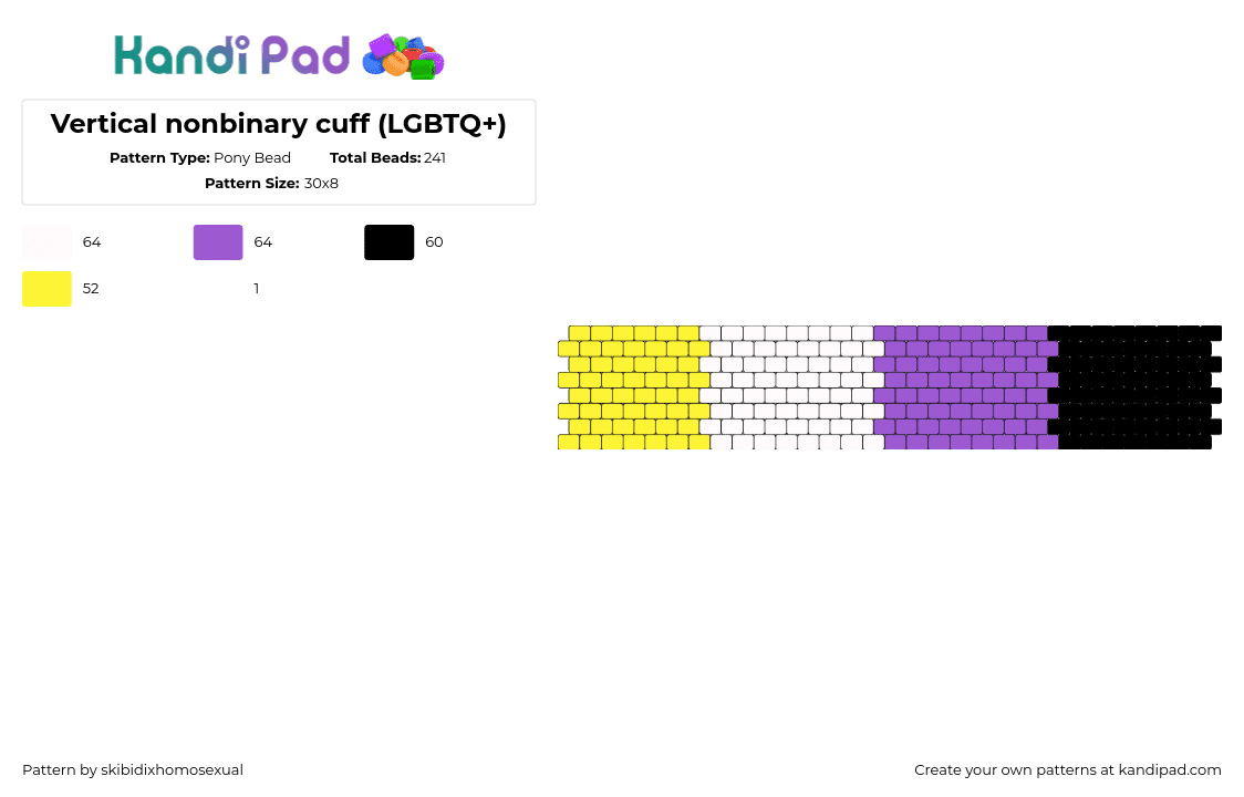 Vertical nonbinary flag cuff (LGBTQ+) - Pony Bead Pattern by skibidixhomosexual on Kandi Pad - nonbinary,pride,cuff,yellow,white,purple,black