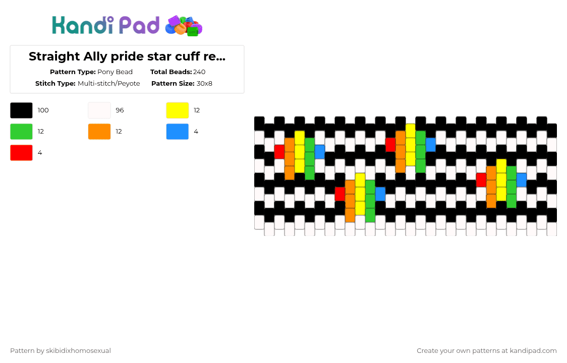 Straight Ally pride star cuff requested by: browniebass227 - Pony Bead Pattern by skibidixhomosexual on Kandi Pad - white,yellow,green,orange,pride,straight ally,lgbtq,lgbtqia,ally,straight,cuff,rainbow