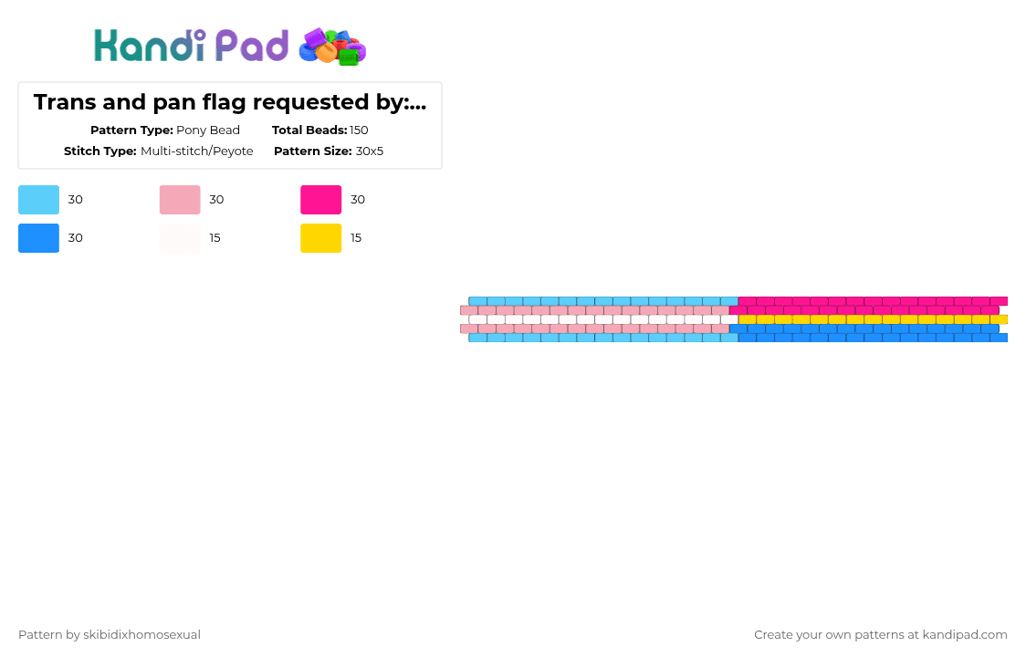 Trans and pan flag requested by: leo_the_alterhuman - Pony Bead Pattern by skibidixhomosexual on Kandi Pad - cuff, flag, flags, lgbtq, lgbtqia, pan, trans, transgender