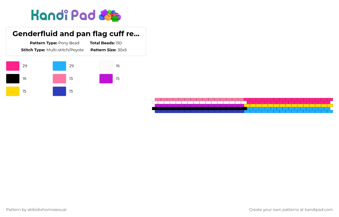 Genderfluid and pan flag cuff requested by: li-zarddd and coralrayne  2 - Pony Bead Pattern by skibidixhomosexual on Kandi Pad - pink,light blue,lgbtq,lgbtqia,pride,cuff,lgbt,genderfluid,pan,pansexual