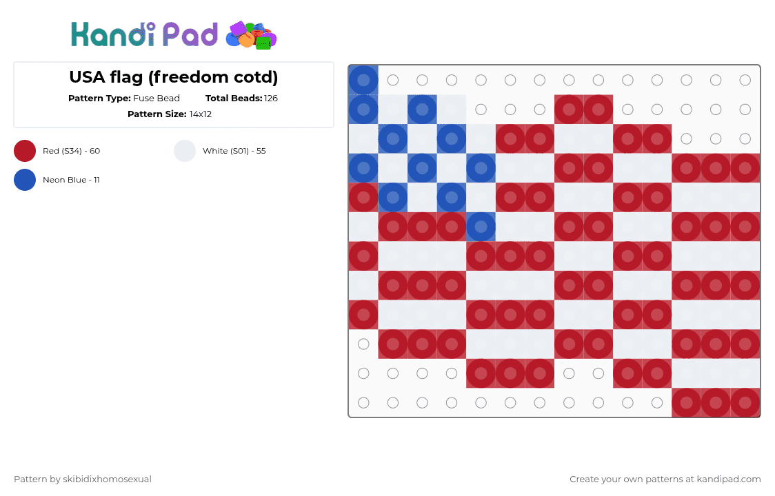 USA flag (freedom cotd(read desc)) - Fuse Bead Pattern by skibidixhomosexual on Kandi Pad - red,cotdfreedom,usa,us,flag,us flag,usa flag,america,american