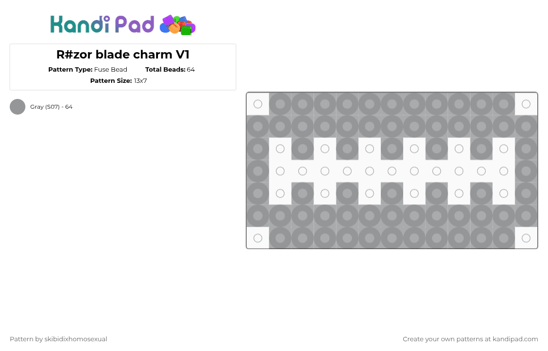 R#zor blade charm V1 - Fuse Bead Pattern by skibidixhomosexual on Kandi Pad - gray,razor,rasor,razor blade,rasor balde,blade,sharp,tw