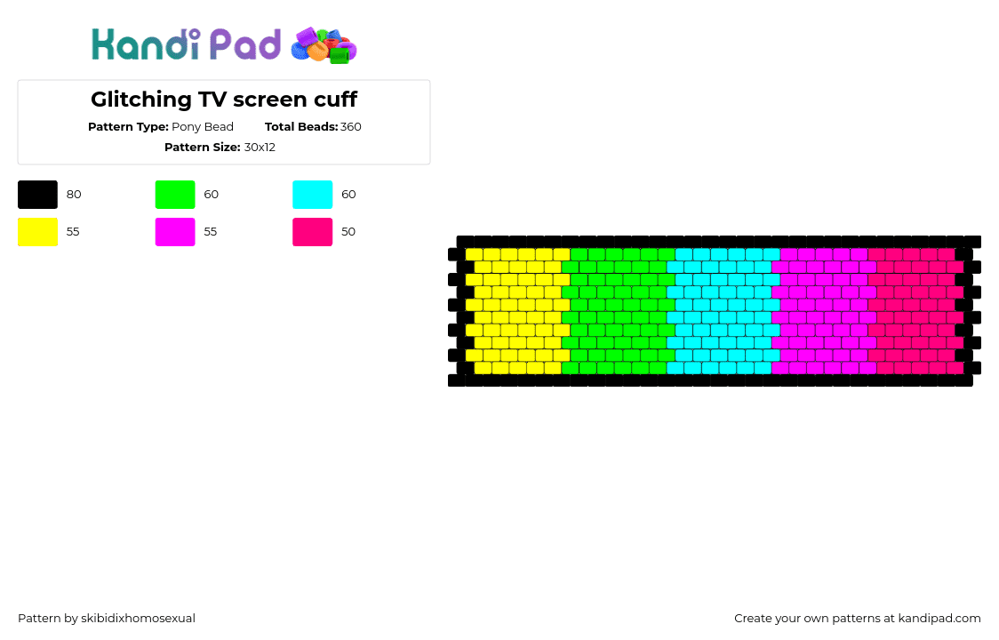 Glitching TV screen cuff - Pony Bead Pattern by skibidixhomosexual on Kandi Pad - glitch,emergency broadcast system,television,tv,cuff,colorful,vertical,stripes,yellow,teal,pink