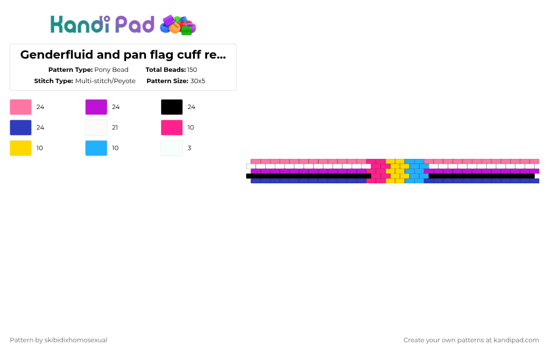 Genderfluid and pan flag cuff requested by: li-zarddd and coralrayne - Pony Bead Pattern by skibidixhomosexual on Kandi Pad - pink,purple,lgbtq,lgbtqia,pride,cuff,lgbt,genderfluid,pan,pansexual