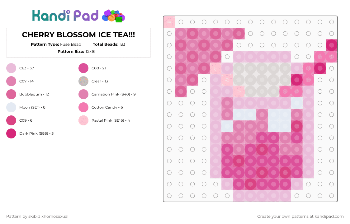 CHERRY BLOSSOM ICE TEA!!! - Fuse Bead Pattern by skibidixhomosexual on Kandi Pad - pink,cherry,cherry blossom,blossom,ice,tea,ice tea,iced tea,cotdicetea