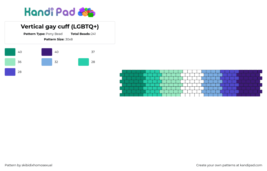 Vertical gay flag cuff (LGBTQ+) - Pony Bead Pattern by skibidixhomosexual on Kandi Pad - gay,pride,vertical,stripes,cuff,gradient,teal,green,blue