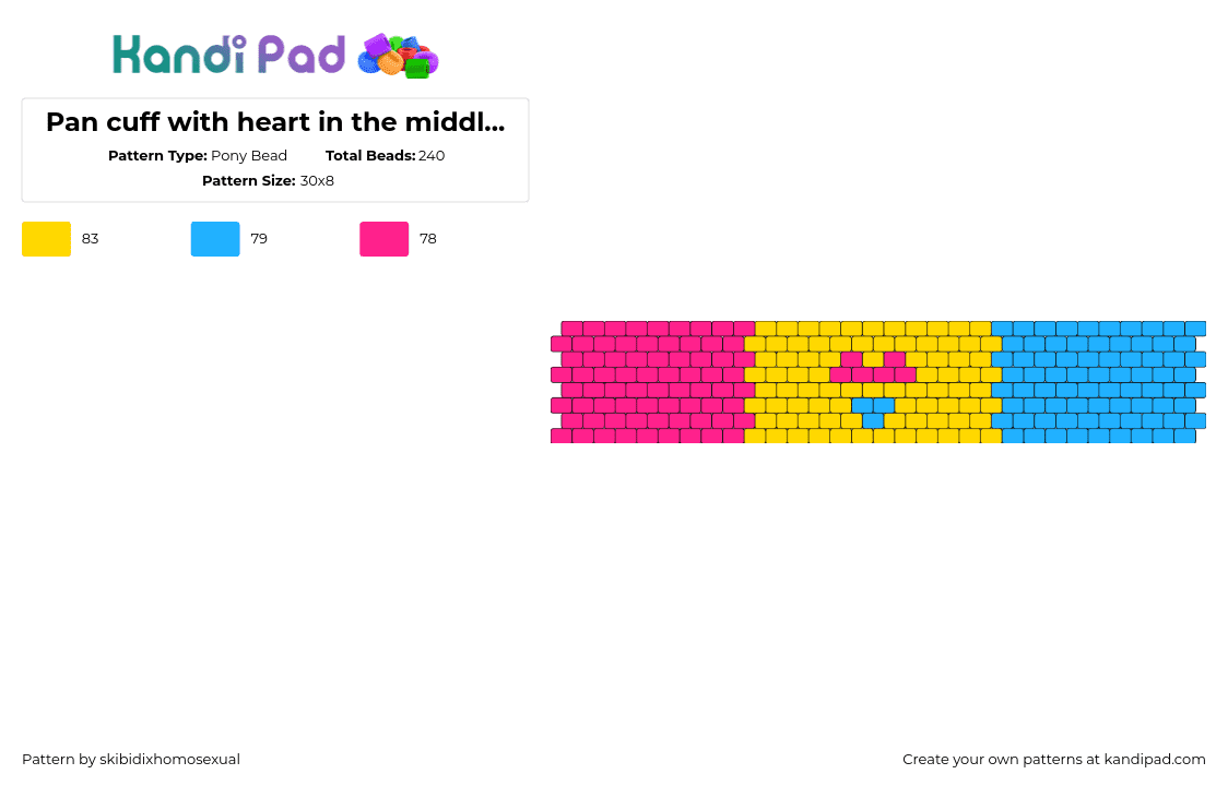 Pan flag cuff with heart in the middle (I love all my pan pookies :3) LGBTQ+ - Pony Bead Pattern by skibidixhomosexual on Kandi Pad - pansexual,pride,heart,flag,cuff,pink,yellow,light blue