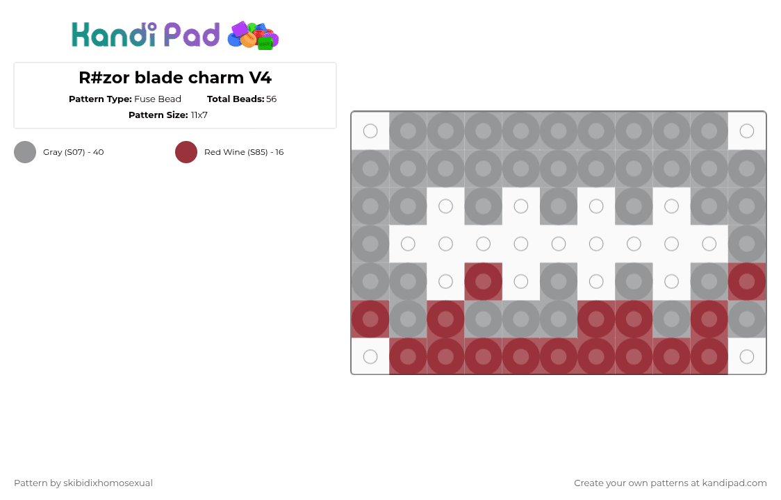 R#zor blade charm V4 - Fuse Bead Pattern by skibidixhomosexual on Kandi Pad - gray,red,razor,rasor,razor blade,rasor balde,blade,sharp,tw,blood
