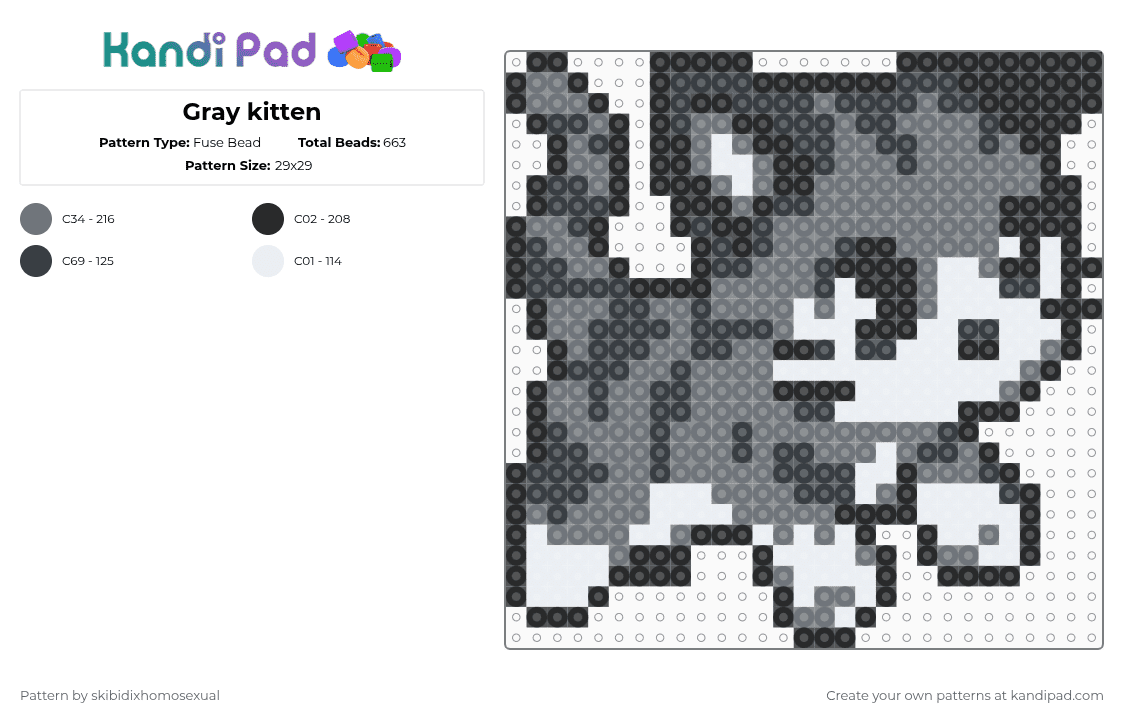 Gray kitten - Fuse Bead Pattern by skibidixhomosexual on Kandi Pad - gray,white,cat,kitten,kitty,stripe,cute,paws,tail