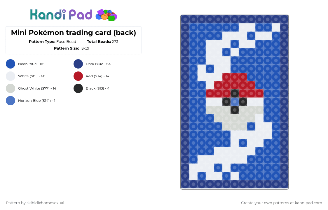 Mini Pokémon trading card (back) - Fuse Bead Pattern by skibidixhomosexual on Kandi Pad - blue,cotdtradingcards,pokemon,pokmon,pikachu,charizard,card,squirtle,pokemon go