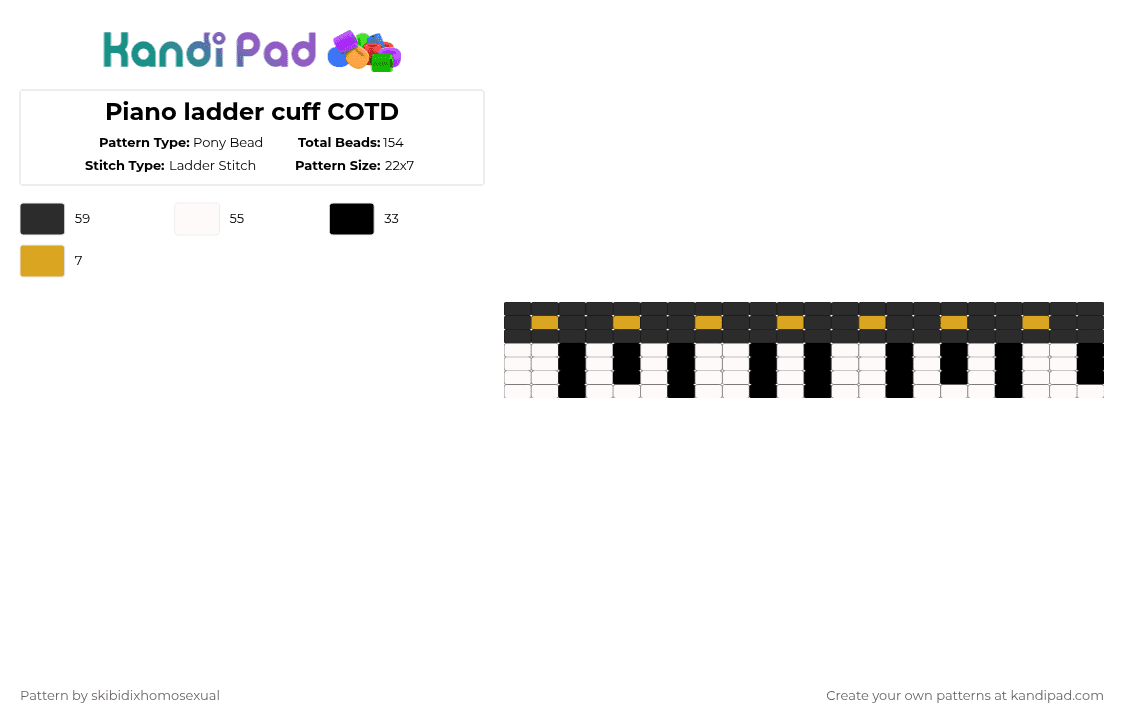 Piano ladder cuff COTD - Pony Bead Pattern by skibidixhomosexual on Kandi Pad - white,cotdpianos,piano,pianos,key,keys,music,band,instrument
