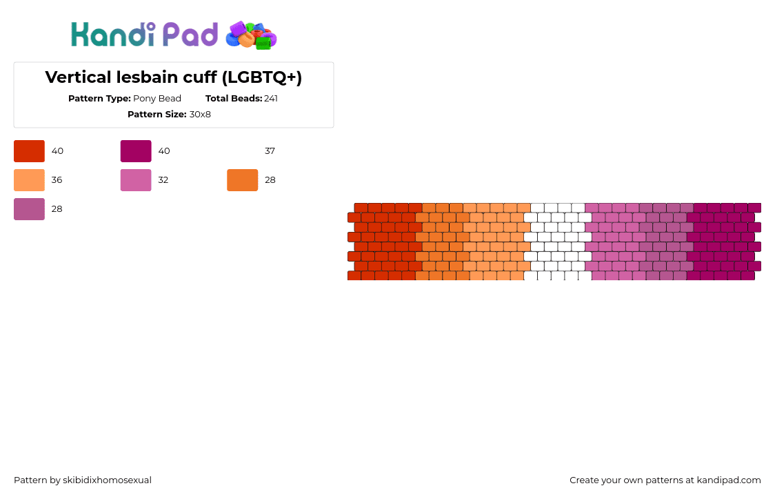 Vertical lesbain flag cuff (LGBTQ+) - Pony Bead Pattern by skibidixhomosexual on Kandi Pad - lesbian,pride,cuff,gradient,orange,pink