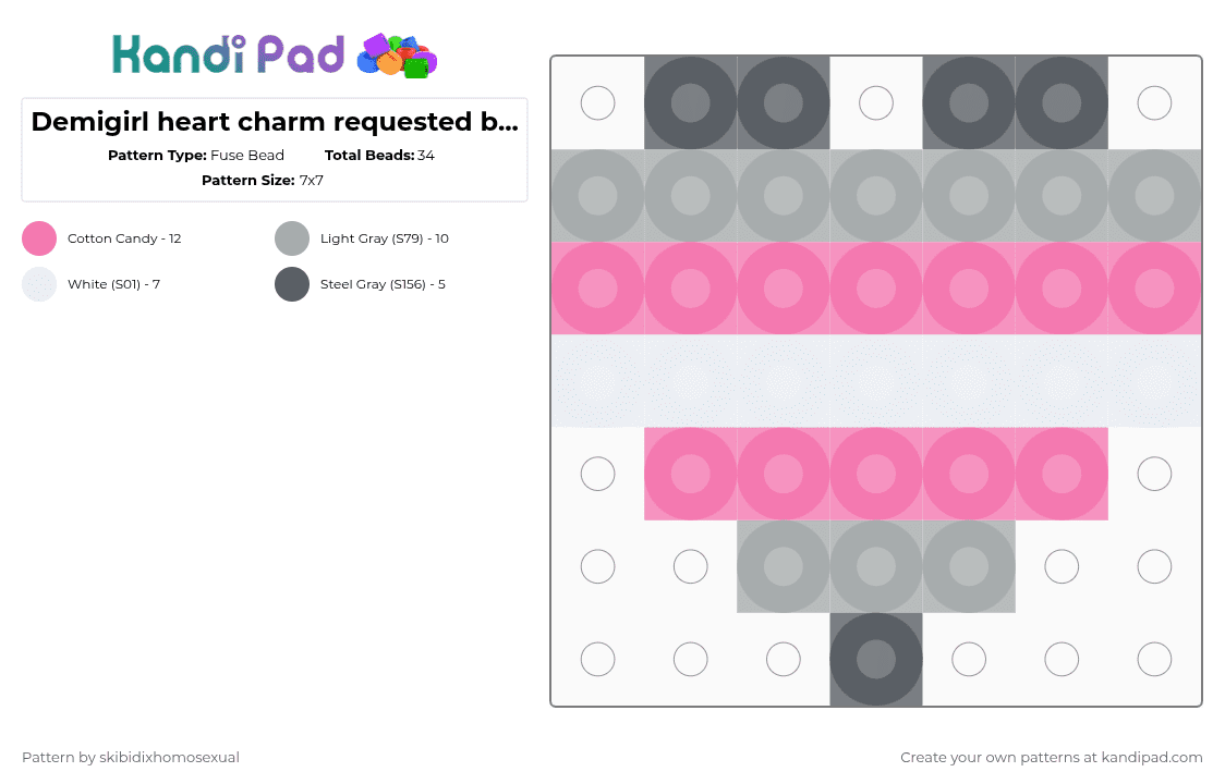 Demigirl heart charm requested by: krazy_kat_lover - Fuse Bead Pattern by skibidixhomosexual on Kandi Pad - gray,pink,demi,demigirl,pride,lgbtq,lgbtqia,lgbt,gender,charm
