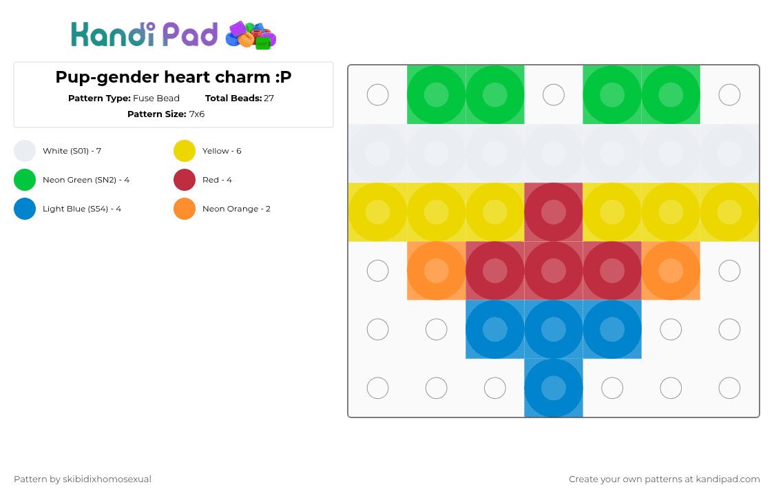 Pup-gender heart charm :P - Fuse Bead Pattern by skibidixhomosexual on Kandi Pad - green,yellow,red,blue,lgbtqia,lgbtq,charm,pride,lgbt,heart,pup gender,pup