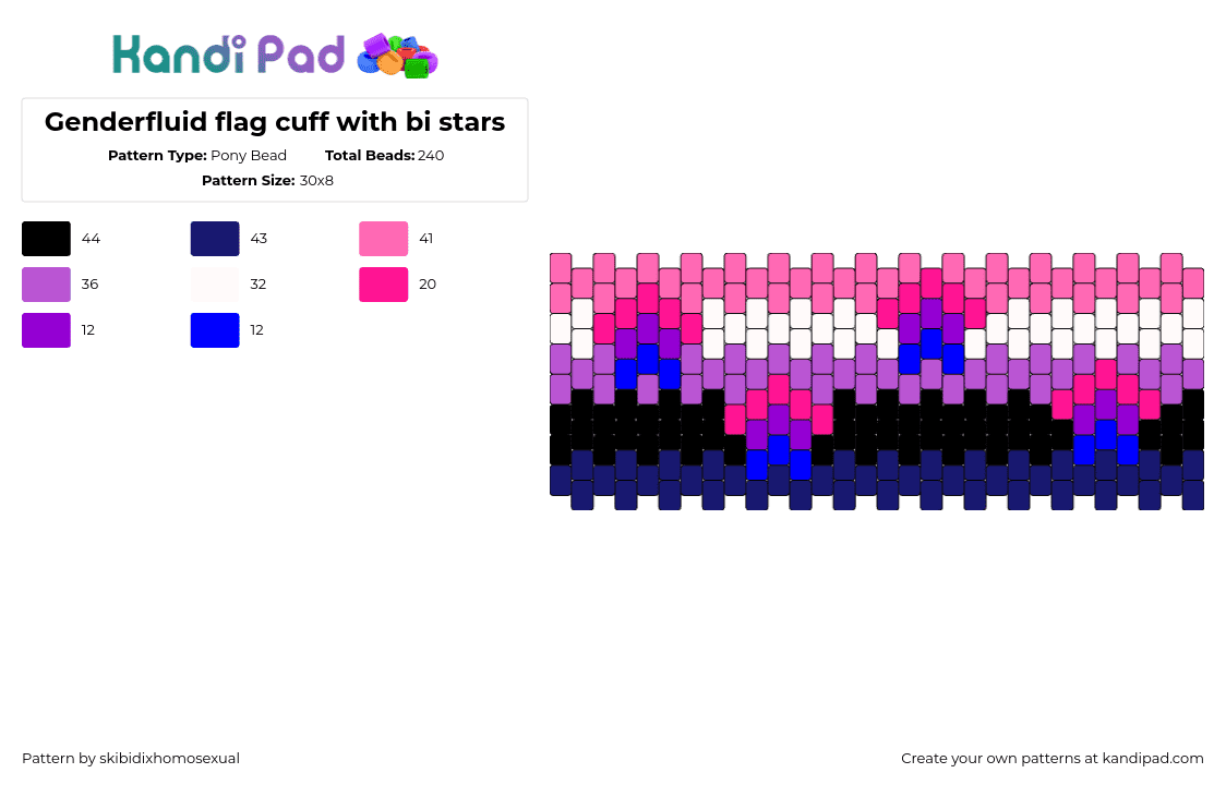 Genderfluid flag cuff with bi stars (LGBTQ+ pride) - Pony Bead Pattern by skibidixhomosexual on Kandi Pad - genderfluid,bisexual,pride,cuff,pink,purple,blue