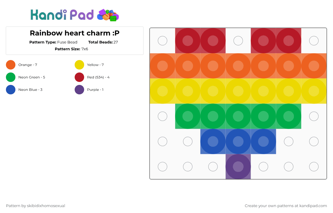 Rainbow heart charm :P - Fuse Bead Pattern by skibidixhomosexual on Kandi Pad - orange,yellow,green,lgbtqia,lgbtq,charm,pride,lgbt,heart,rainbow,colorful