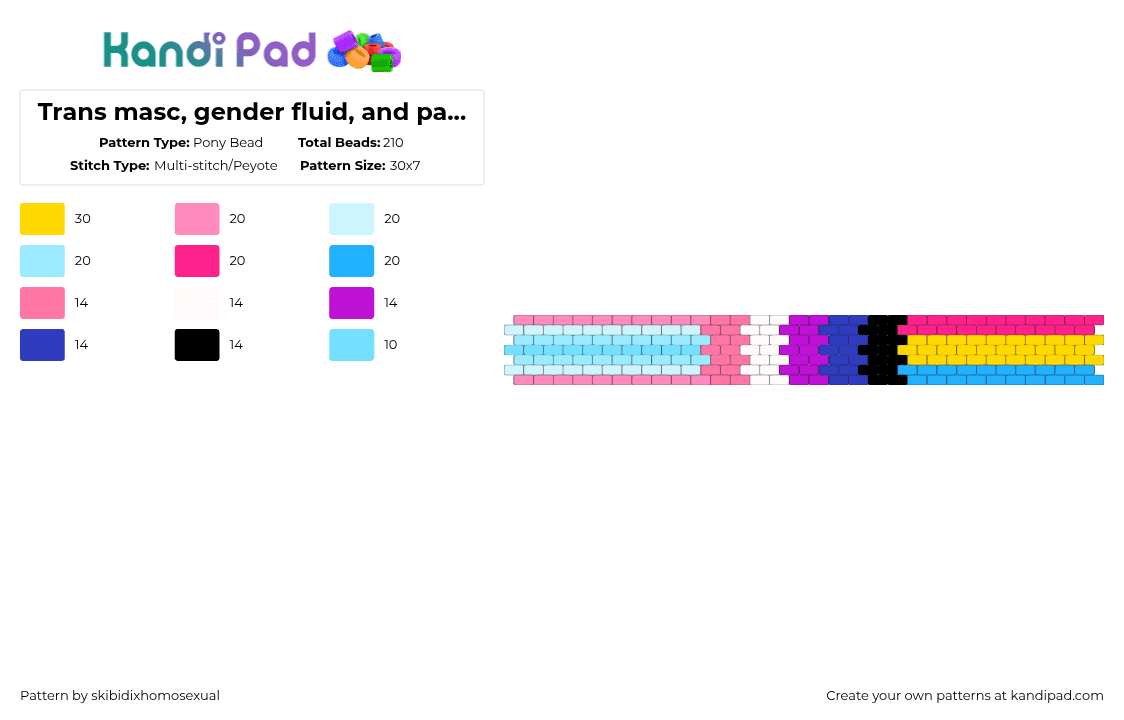 Trans masc, gender fluid, and pan flag cuff requested by: Ajax_3724 - Pony Bead Pattern by skibidixhomosexual on Kandi Pad - cuff, genderfluid, lgbtq, lgbtqia, light blue, pan, pink, pride, transmasc
