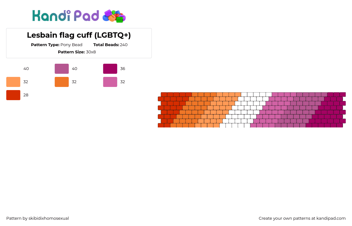 Lesbian flag cuff (LGBTQ+ pride) - Pony Bead Pattern by skibidixhomosexual on Kandi Pad - lesbian,pride,diagonal,stripes,gradient,cuff,pink,orange