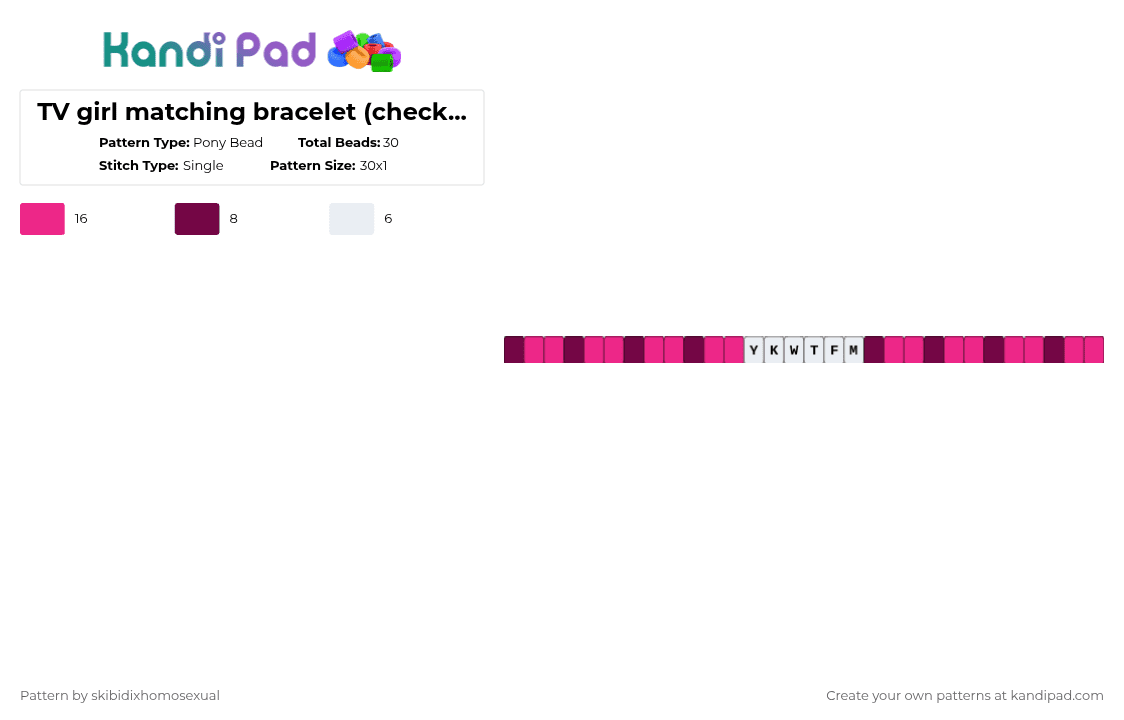 TV girl matching bracelet (check my account for the other / blue one) - Pony Bead Pattern by skibidixhomosexual on Kandi Pad - ykwtfm,tv girl,pink,tvgirl,matching,single,music