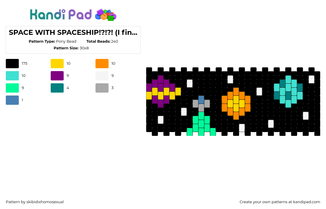 SPACE WITH SPACESHIP!?!?! (I finally came up with a good idea :3) - Pony Bead Pattern by skibidixhomosexual on Kandi Pad - space,planets,spaceship,stars,dark,colorful,cuff,black,orange,teal