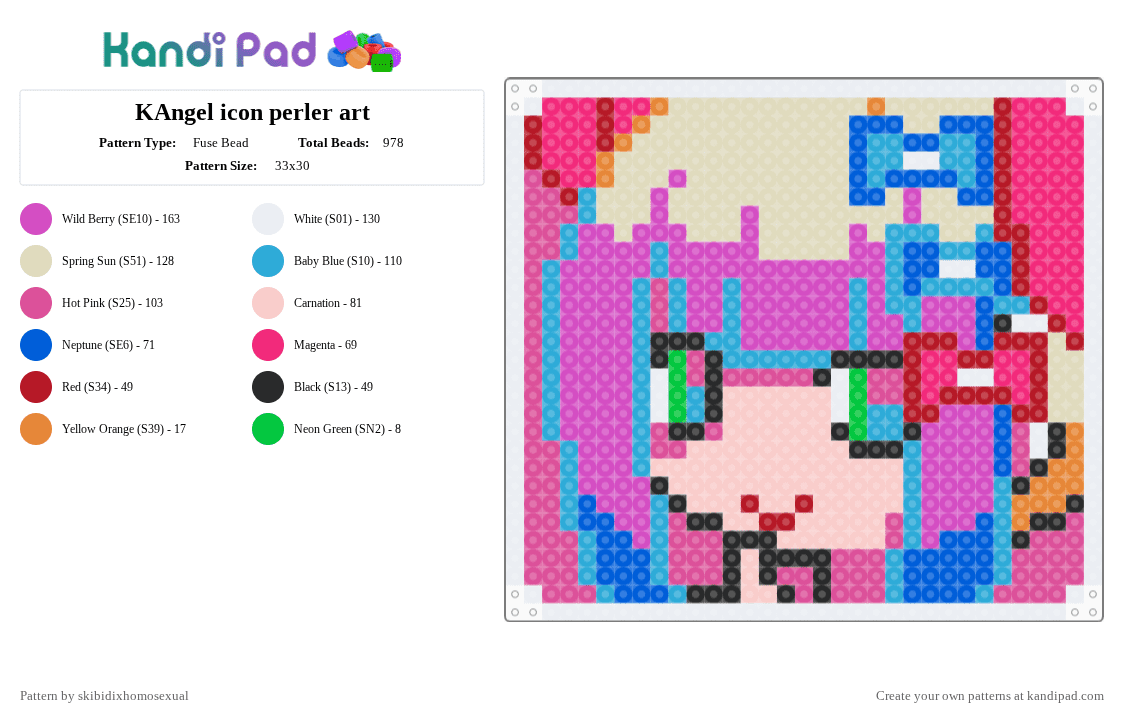 KAngel icon perler art - Fuse Bead Pattern by skibidixhomosexual on Kandi Pad - pink,light blue,beige,kangle,k angle,amechan,nso,needy streamer overload,needy streamer,kangel,k angel