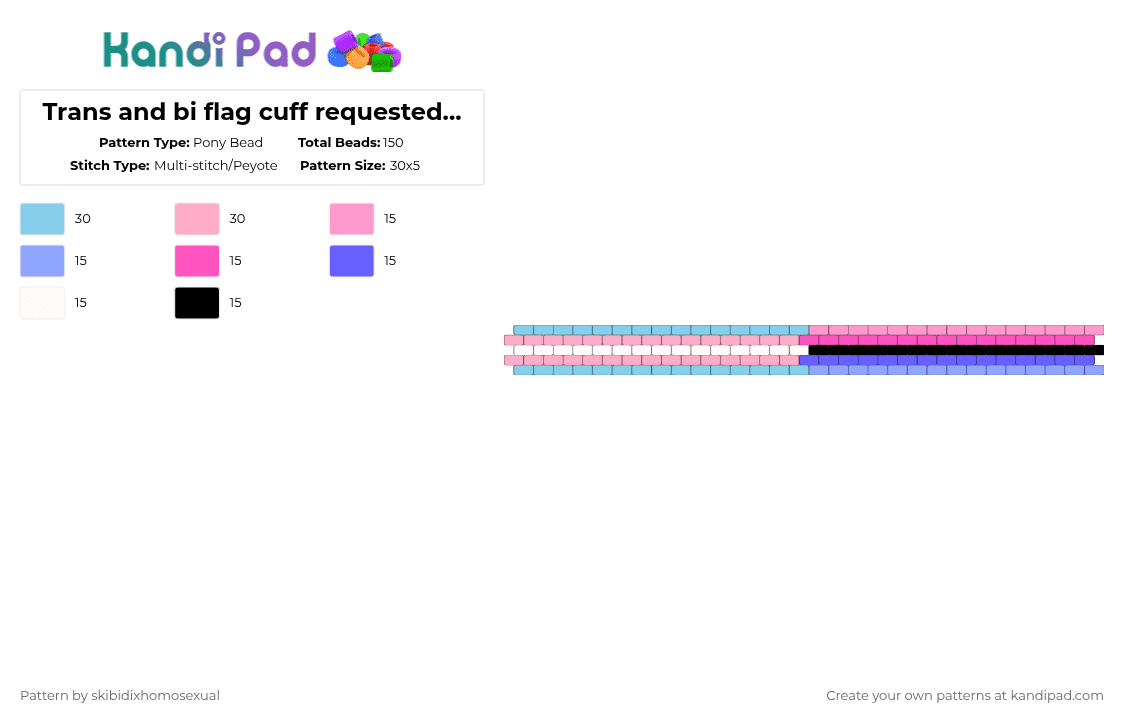 Trans and omni flag cuff requested by: elliot3beads  3/4 - Pony Bead Pattern by skibidixhomosexual on Kandi Pad - light blue,pink,lgbt,lgbtq,lgbtqia,pride,cuff,trans,omni,omnisexual