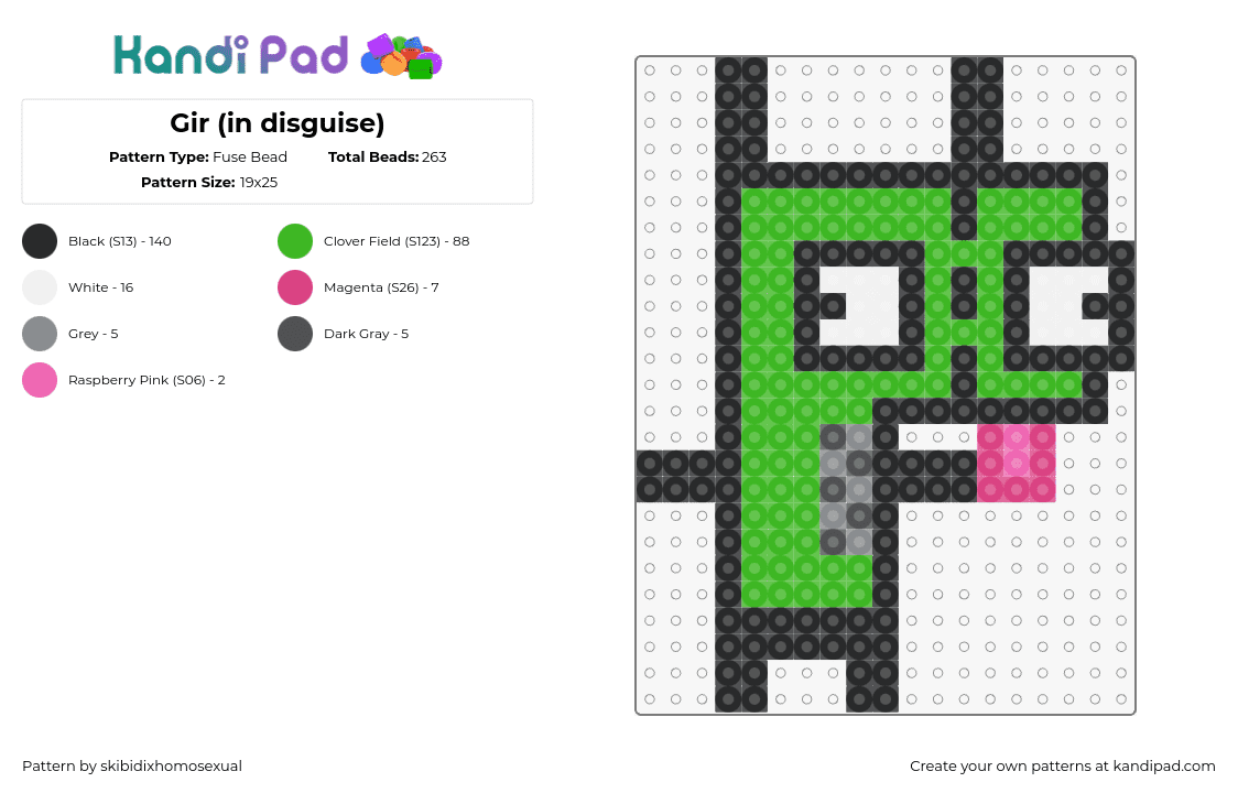 Gir (in disguise) - Fuse Bead Pattern by skibidixhomosexual on Kandi Pad - gir,invader zim,costume,dog,tongue,character,silly,cartoon,tv show,green