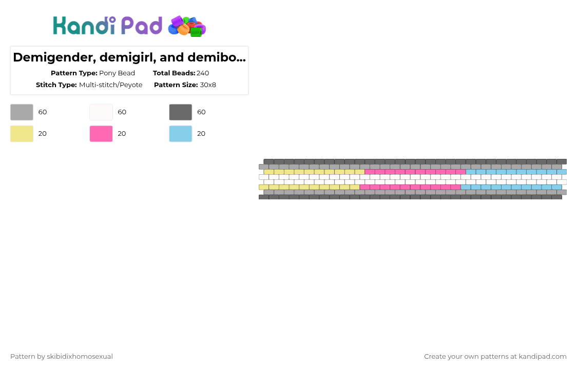 Demigender, demigirl, and demiboy flag cuff requested by: blab123 - Pony Bead Pattern by skibidixhomosexual on Kandi Pad - beige,gray,pride,lgbtq,lgbtqia,demi,demi gender,demigender,demiboy,demigirl