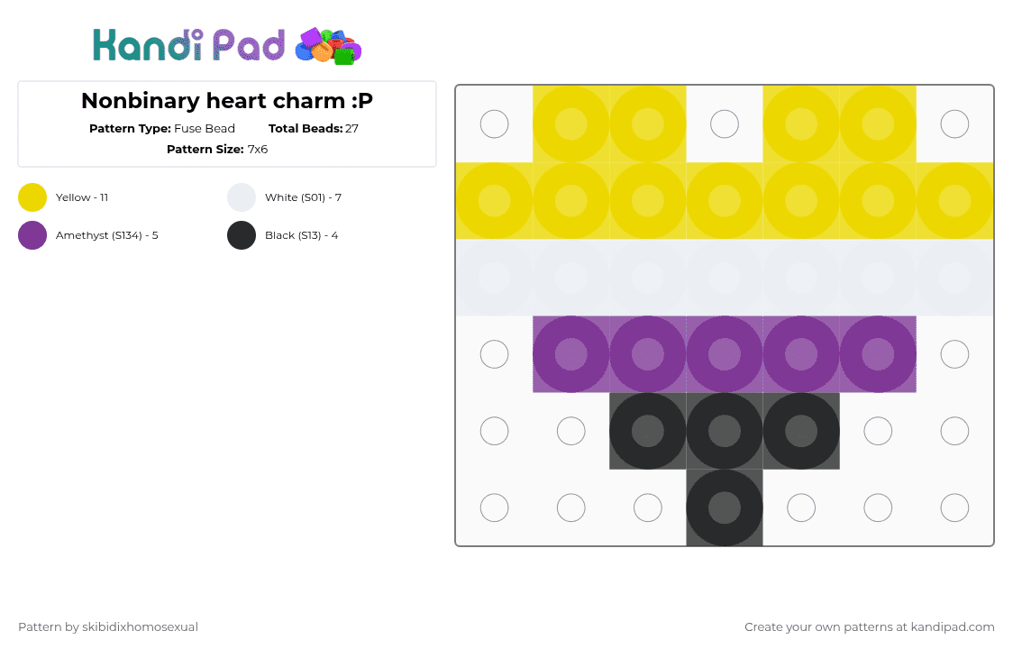 Nonbinary heart charm :P - Fuse Bead Pattern by skibidixhomosexual on Kandi Pad - yellow,pink,lgbtqia,lgbtq,charm,pride,lgbt,heart,nonbinary,enby