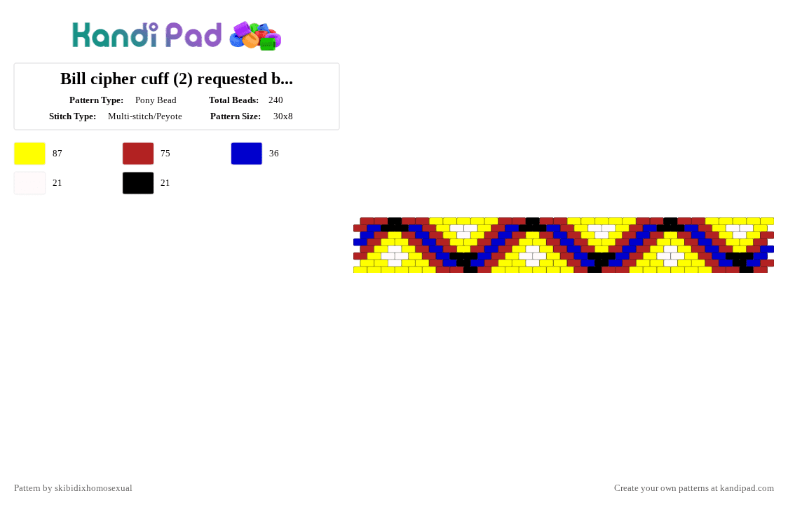 Bill cipher cuff (2) requested by: billcipher1 - Pony Bead Pattern by skibidixhomosexual on Kandi Pad - yellow,red,bill cipher,bill,cipher,gravity falls,gvf,triangle,billcipher