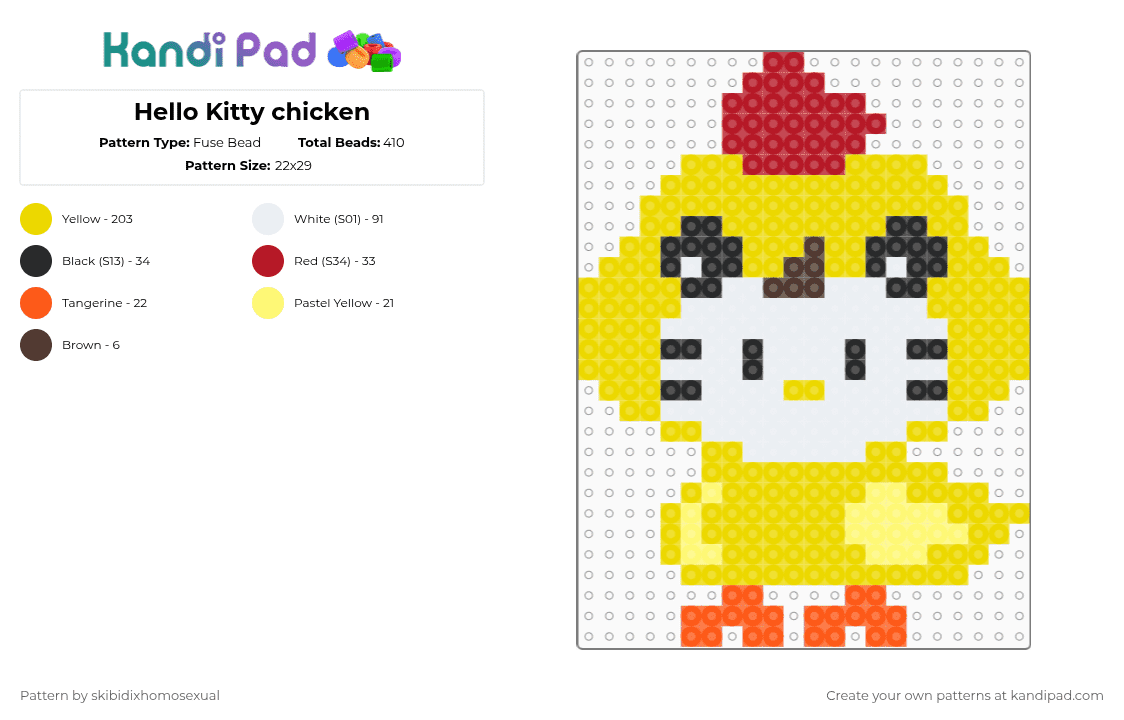 Hello Kitty chicken - Fuse Bead Pattern by skibidixhomosexual on Kandi Pad - yellow,hello kitty,kitty,cat,chicken,red,farm,white