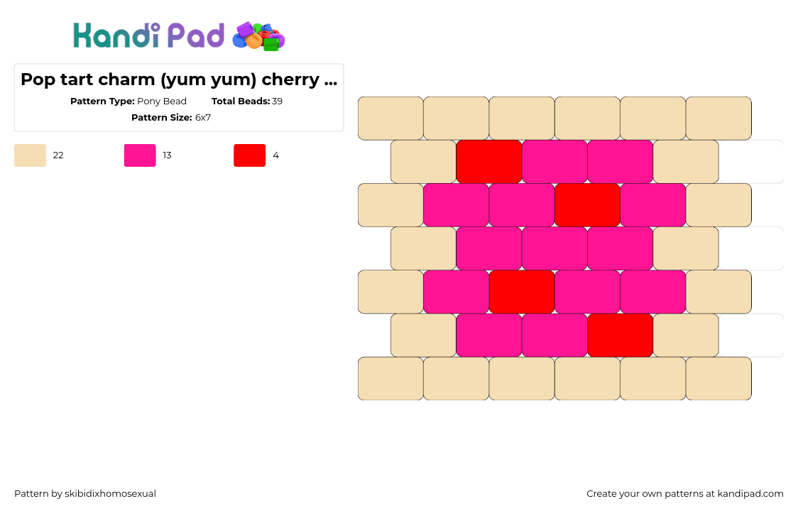 Pop tart charm (yum yum) cherry flavored one - Pony Bead Pattern by skibidixhomosexual on Kandi Pad - poptart,breakfast,cherry,nyan cat,sprinkles,food,beige,pink