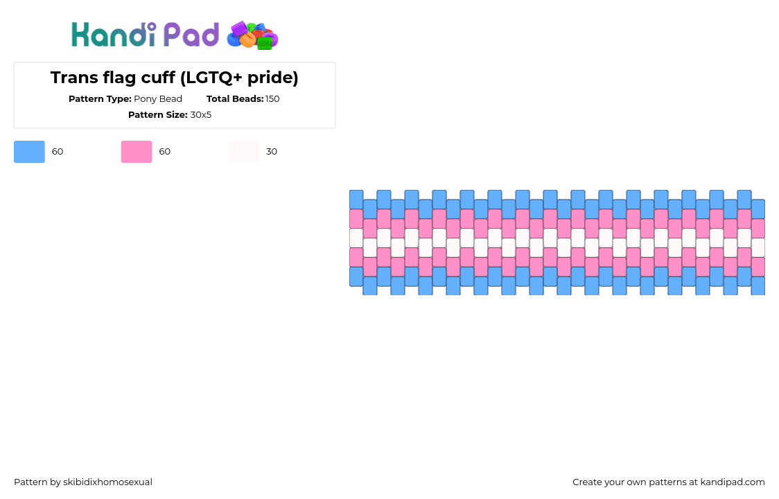 Trans flag cuff (LGTQ+ pride) - Pony Bead Pattern by skibidixhomosexual on Kandi Pad - 