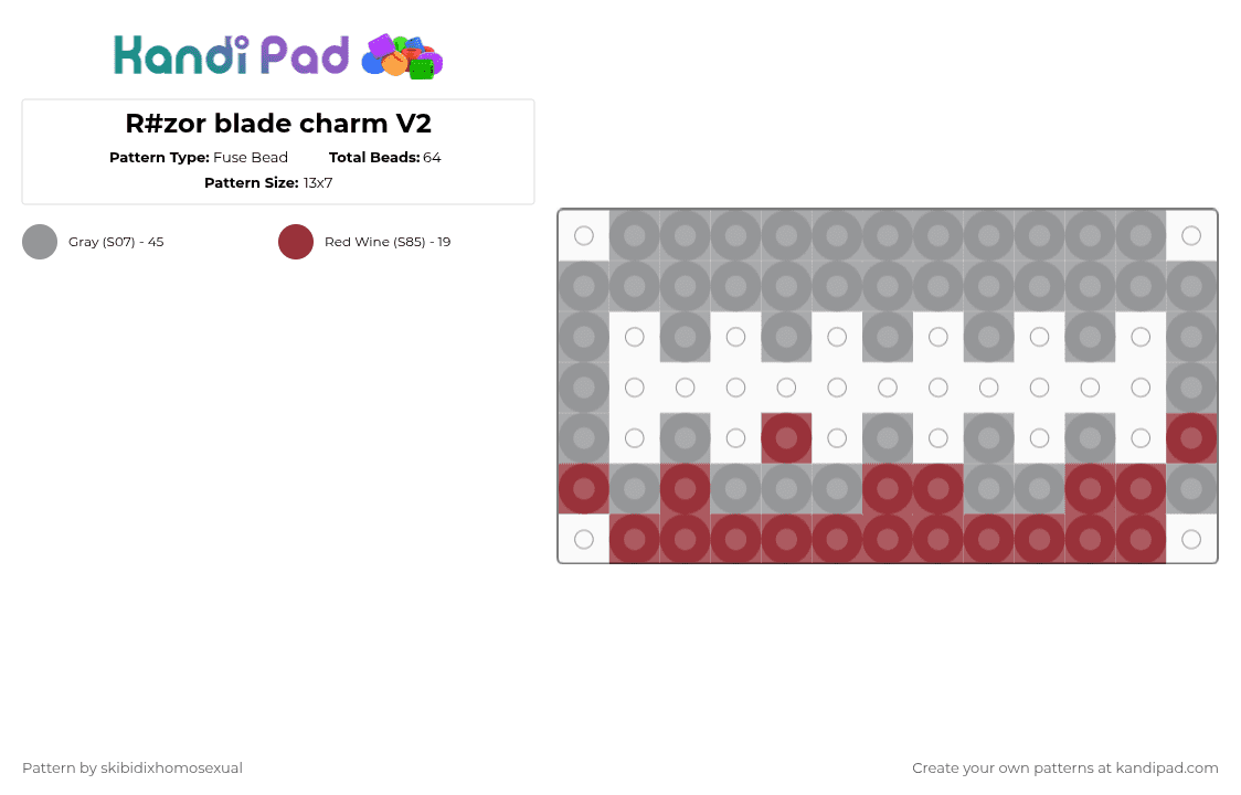 R#zor blade charm V2 - Fuse Bead Pattern by skibidixhomosexual on Kandi Pad - gray,red,razor,rasor,razor blade,rasor balde,blade,sharp,tw,blood