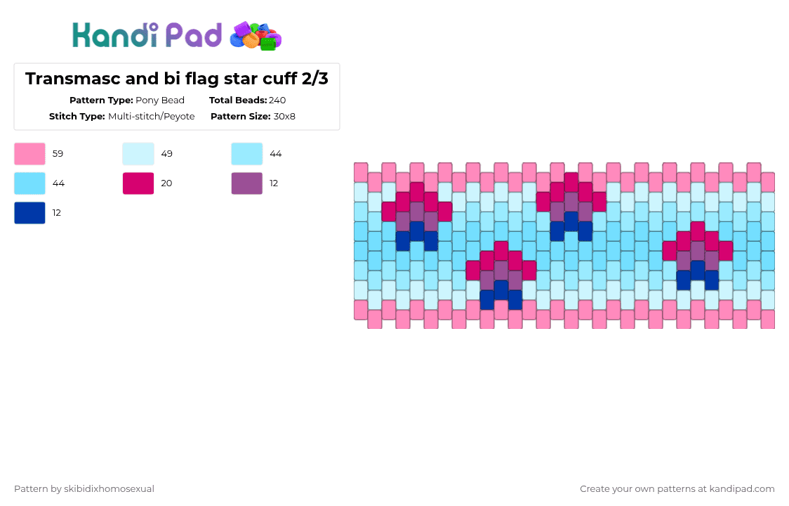 Transmasc and bi flag star cuff requested by: wirt_gregory_jason   2/3 - Pony Bead Pattern by skibidixhomosexual on Kandi Pad - bi, cuff, lgbt, lgbtq, lgbtqia, light blue, pink, pride, trans, transmasc