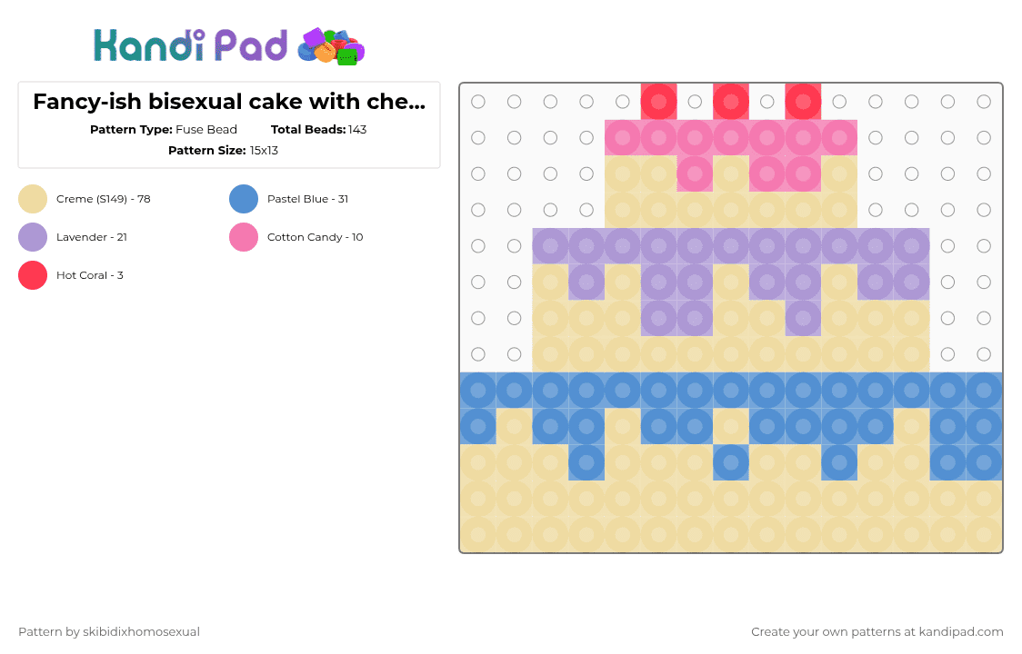 Fancy-ish bisexual cake with cherriez :P - Fuse Bead Pattern by skibidixhomosexual on Kandi Pad - beige,cotddessertsfancy,cake,fany,bi,bisexual,lgbtq,lgbtqia,pride