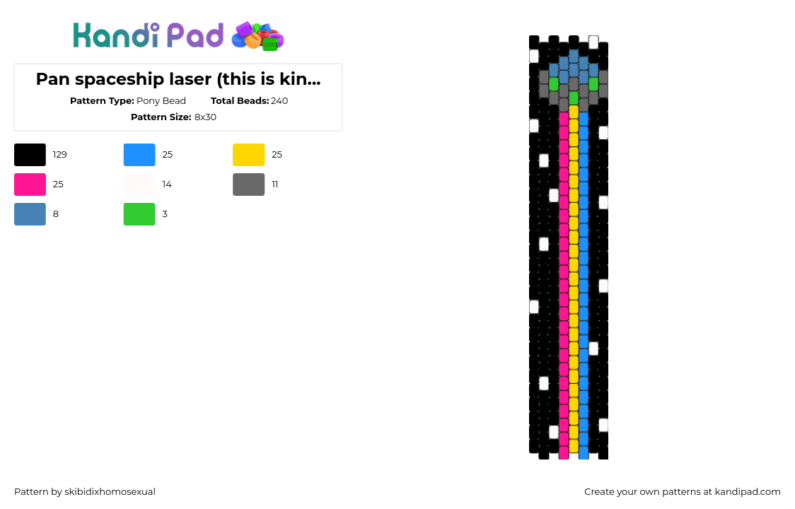 Pan spaceship laser (this is kinda bad tho... :c) LGBTQ+ pride - Pony Bead Pattern by skibidixhomosexual on Kandi Pad - spaceship,ufo,pansexual,tractor beam,colorful,black,blue,pink