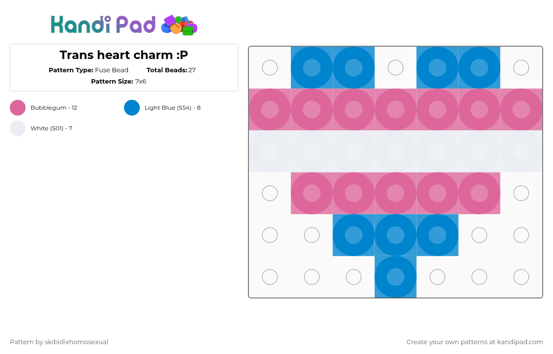 Trans heart charm :P - Fuse Bead Pattern by skibidixhomosexual on Kandi Pad - blue,pink,lgbtqia,lgbtq,charm,pride,lgbt,heart,trans,transgender