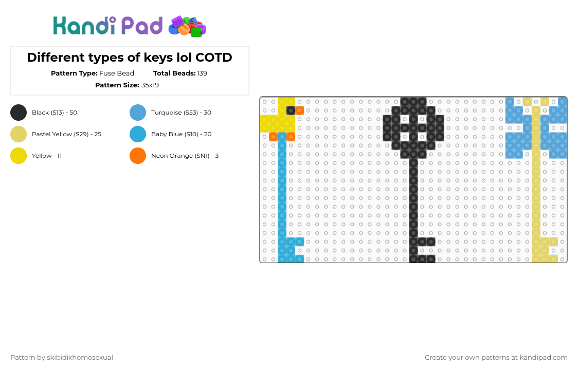 Different types of keys lol COTD - Fuse Bead Pattern by skibidixhomosexual on Kandi Pad - yellow,light blue,cotdkeys,duck,ducky,coraline,movie,butterfly,key,keys