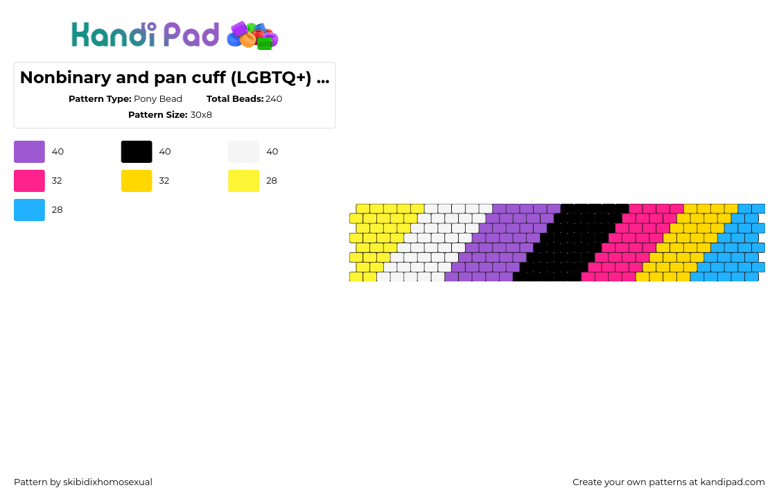 Nonbinary and pan cuff (LGBTQ+) requested by: heartstopper3724 - Pony Bead Pattern by skibidixhomosexual on Kandi Pad - nobinary,pansexual,pride,lgbtq,diagonal,stripes,cuff,colorful,yellow,pink,purple