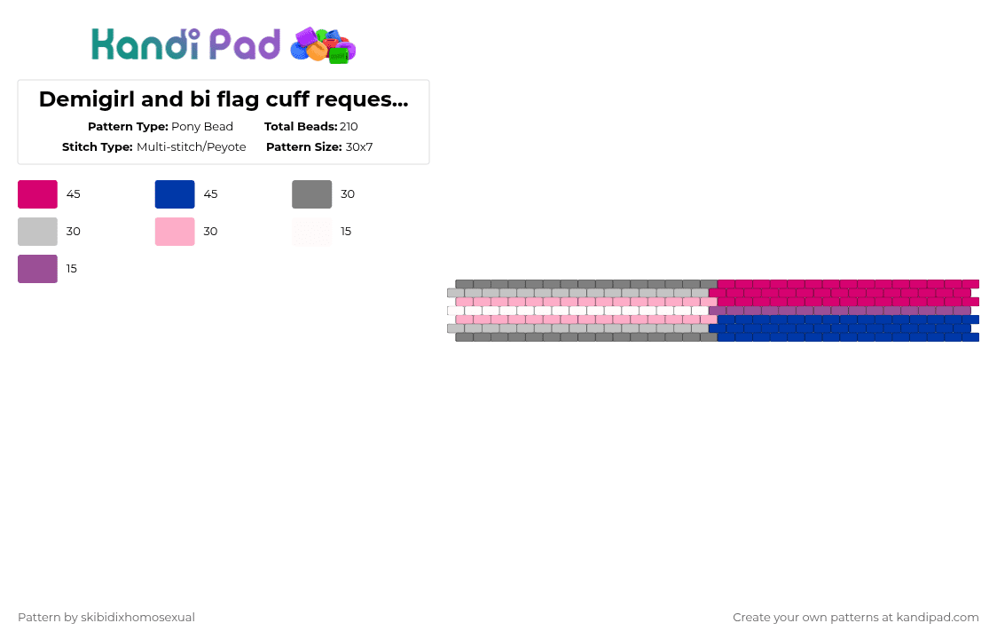 Demigirl and bi flag cuff requested by: weirdo_th3rian - Pony Bead Pattern by skibidixhomosexual on Kandi Pad - pink,demi,demigirl,bi,bisexual,cuff,lgbtqia,lgbtq,pride