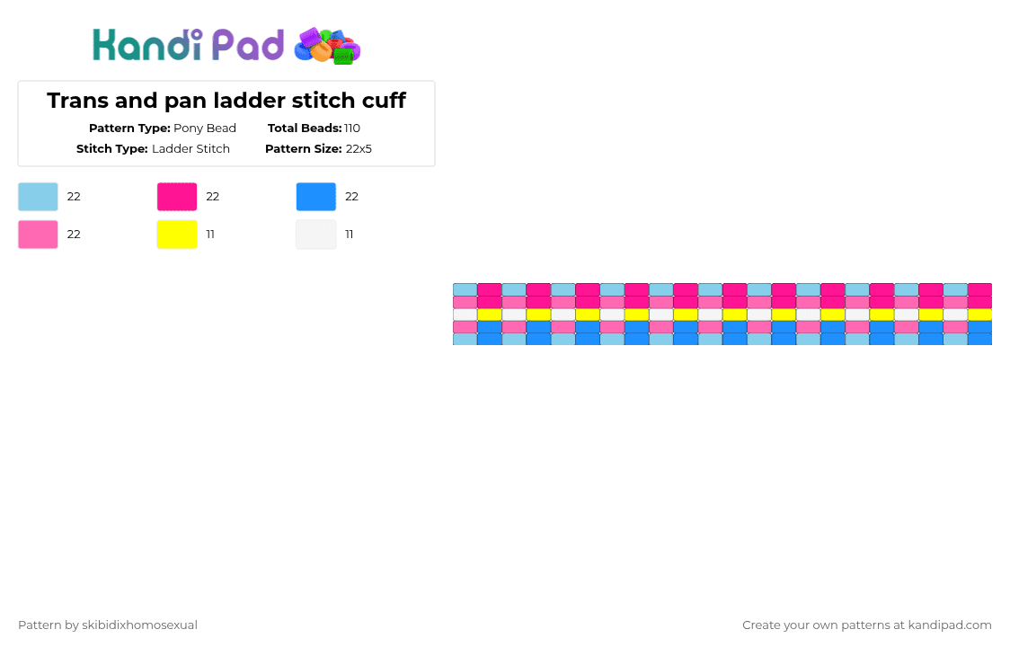 Trans and pan ladder stitch cuff - Pony Bead Pattern by skibidixhomosexual on Kandi Pad - light blue,pink,trans,pan,pansexual,lgbtq,lgbtqia,pride,queer,lgbt