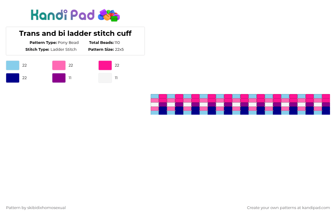 Trans and bi ladder stitch cuff - Pony Bead Pattern by skibidixhomosexual on Kandi Pad - bi, bisexual, lgbt, lgbtq, lgbtqia, pink, pride, queer, trans