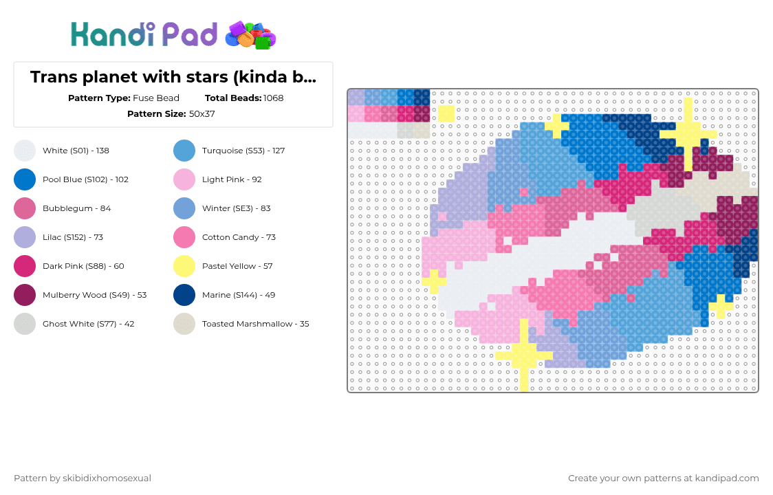 Trans planet with stars (kinda big btw) - Fuse Bead Pattern by skibidixhomosexual on Kandi Pad - light blue,pink,cotdotherplanets,trans,transgender,pride,lgbtq,lgbtqia,lgbt,planet