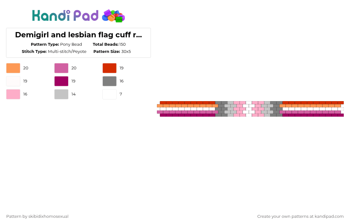 Demigirl and lesbian flag cuff requested by: kamisimp72 - Pony Bead Pattern by skibidixhomosexual on Kandi Pad - pink,demigirl,lgbtq,pride,cuff,lgbt,lesbian,lesbain,demi girl